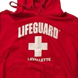Lifeguard Hoodie Womens Size Large Red Pullover Sweatshirt Pocket Unisex Y2K 90s